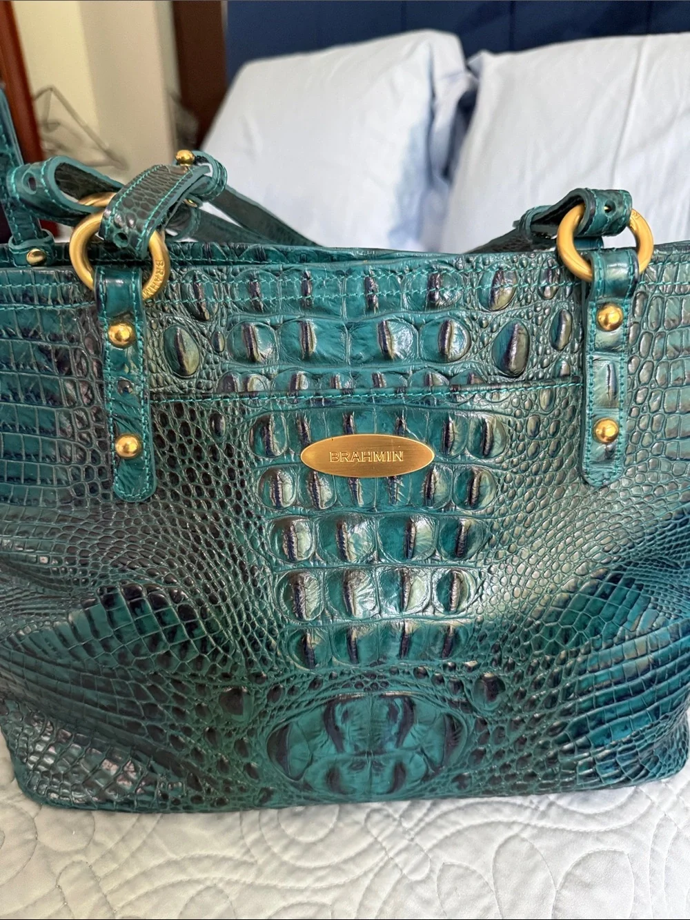 Brahmin Teal Croc-Embossed Shoulder Tote with Gold Accents